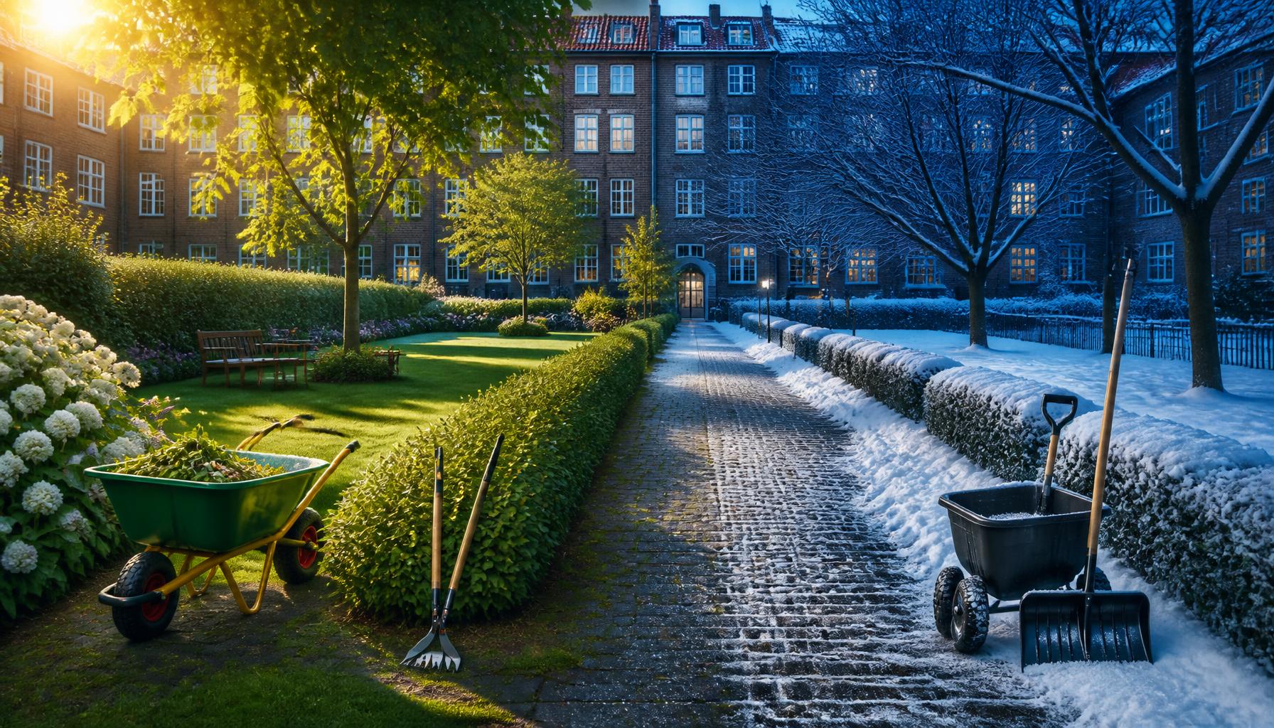 Grøn have og snerydet gårdhave i København